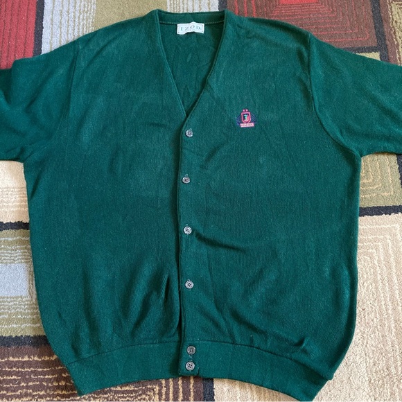 Vintage Izod Crest Logo Acrylic Cardigan Sweater Sz L USA Made Forest Green - Picture 2 of 8